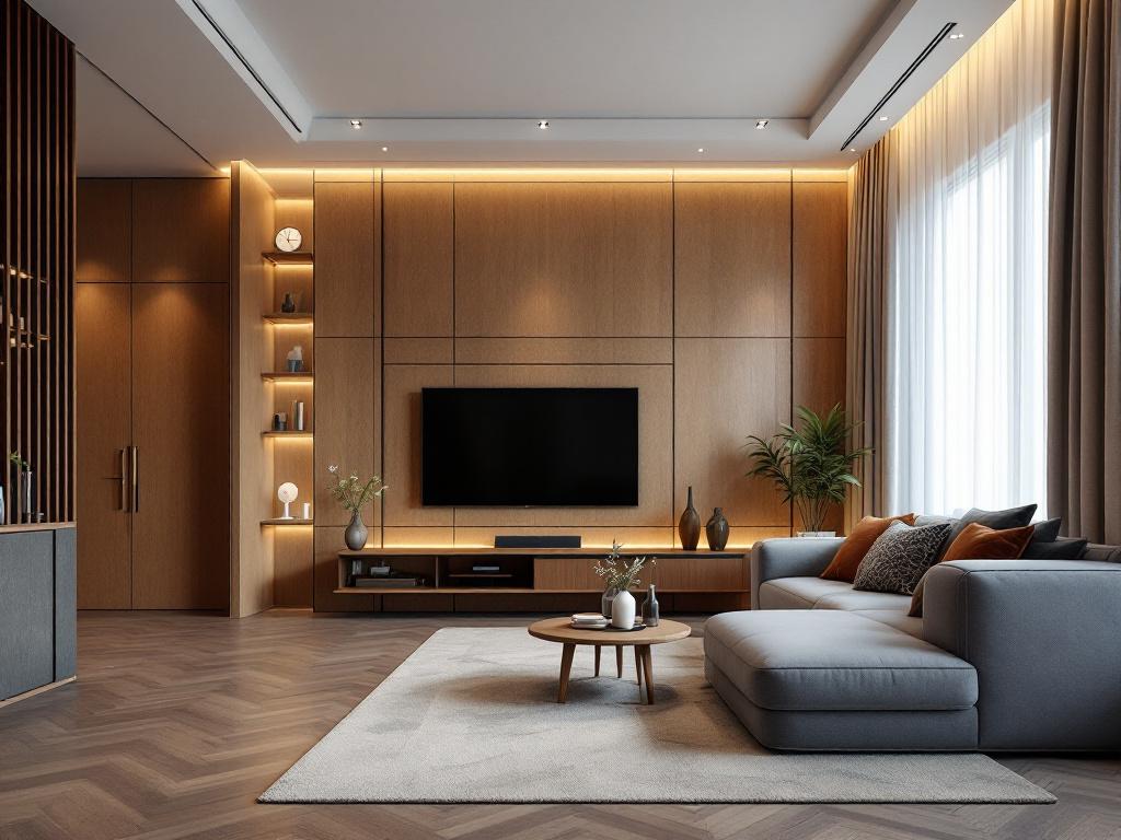 Роскошная гостиная в дубайском стиле с панорамными окнами и умными технологиями