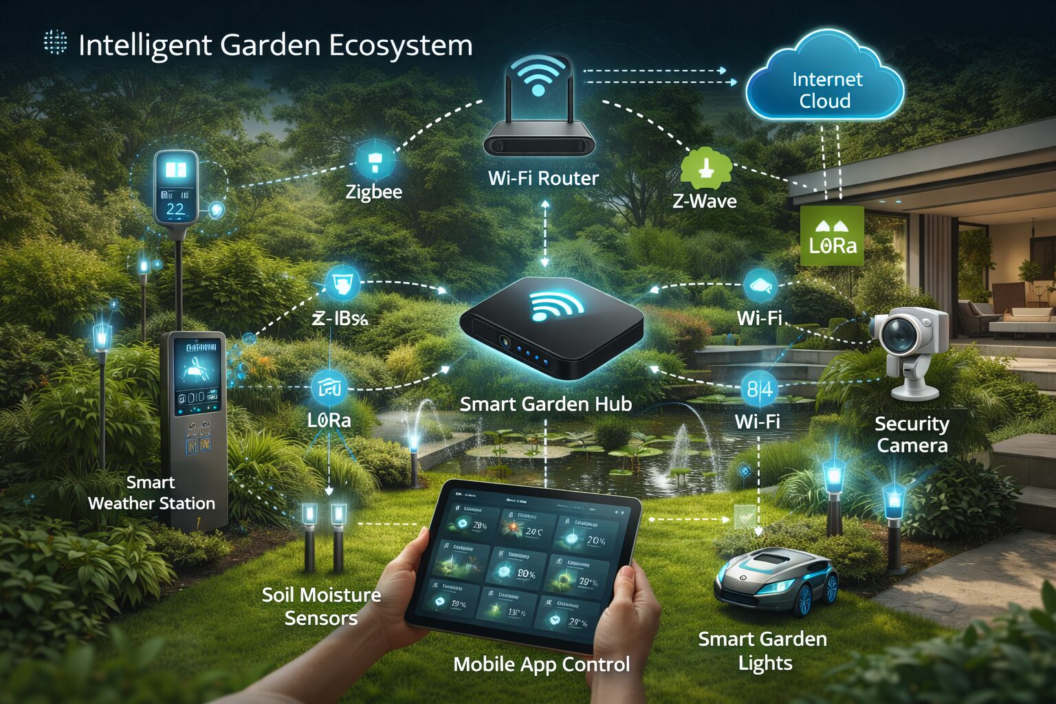 Схема экосистемы интеллектуального сада с устройствами и протоколами
