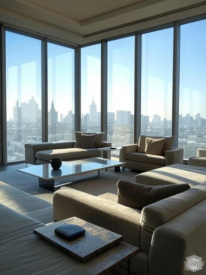 Панорамные окна в интерьере ЖК Триумф Палас с видом на Москву