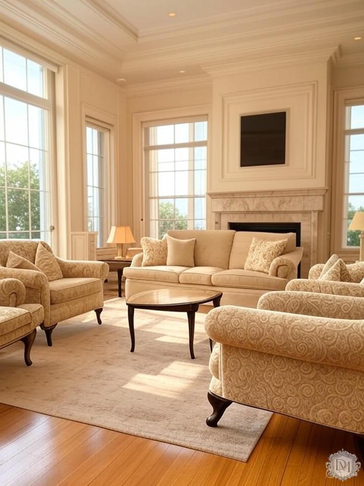 Неоклассический интерьер гостиной в ЖК Триумф Палас с высокими потолками