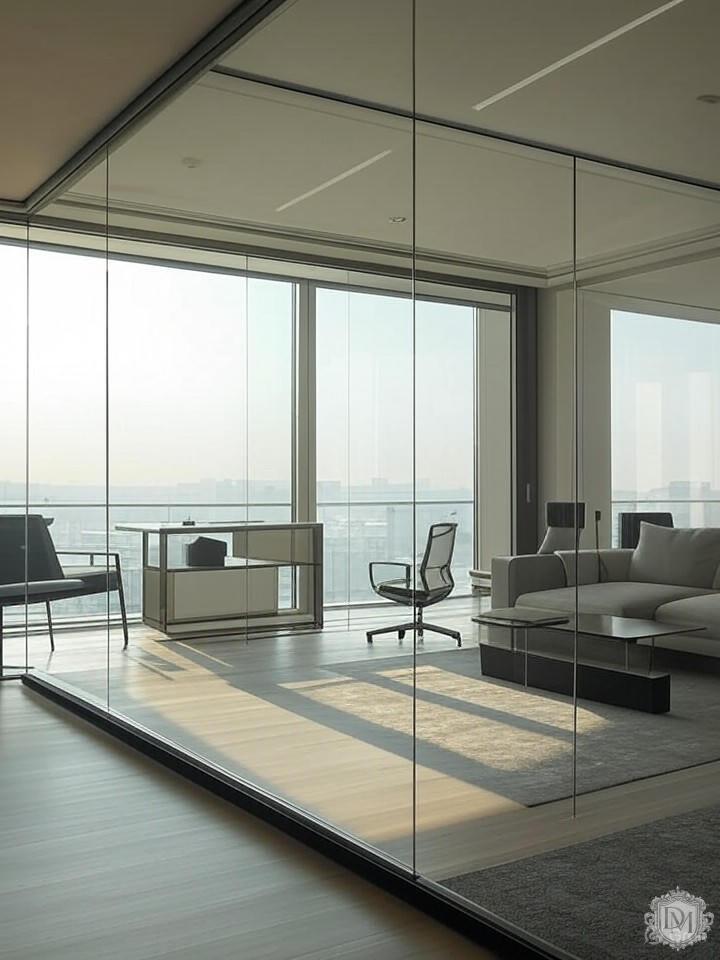 Зонирование студии стеклянной перегородкой и подиумом