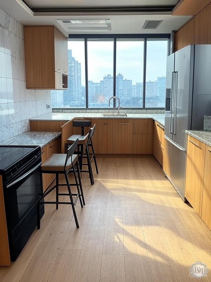 Современная кухня с керамогранитом под мрамор и деревянными фасадами