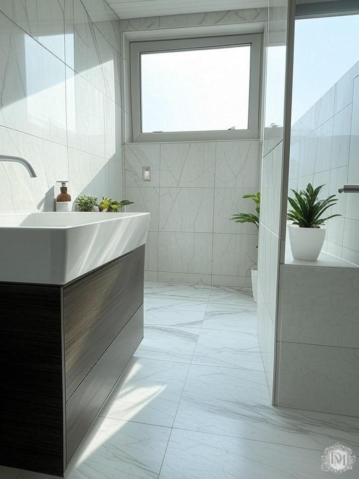 Ванная комната с мраморной плиткой и подвесной сантехникой