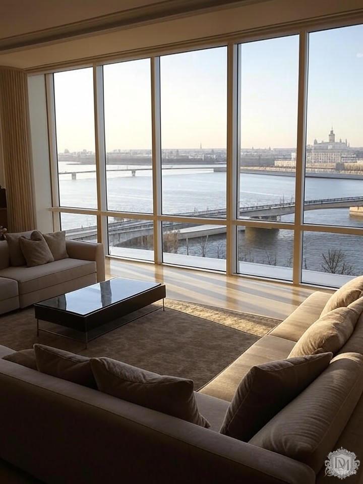Панорамные окна в гостиной ЖК Luzhniki Collection с видом на Москву-реку