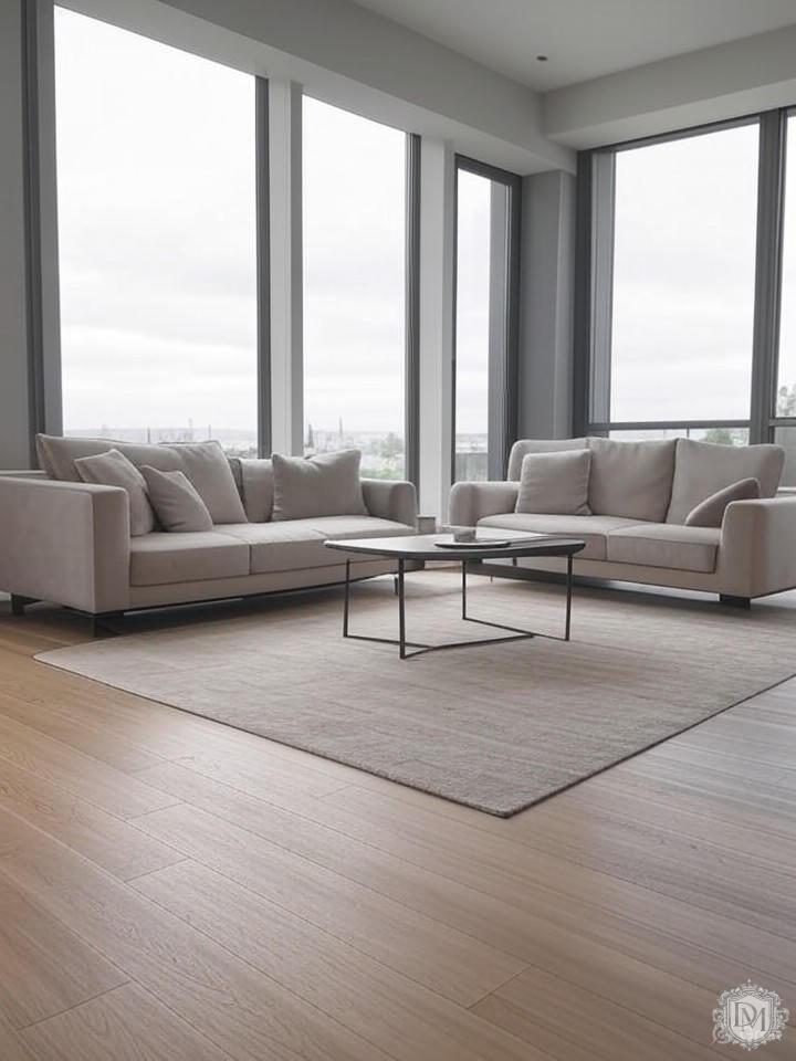 Современная гостиная в ЖК Бунин с панорамными окнами и дизайнерской мебелью