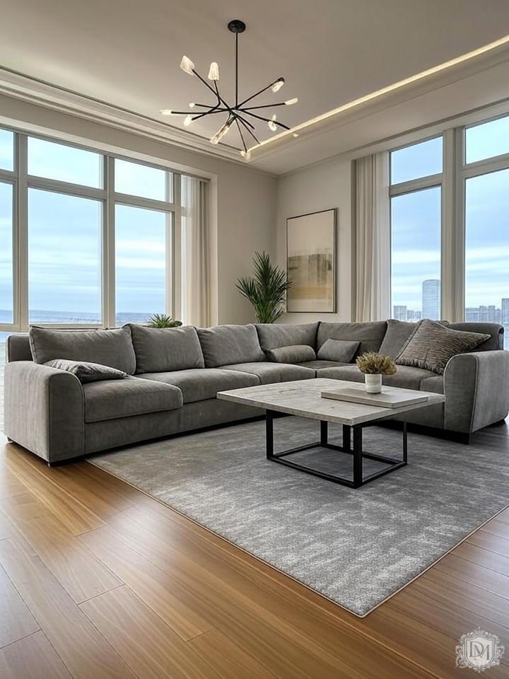 3D визуализация гостиной в ЖК Бадаевский с высокими потолками