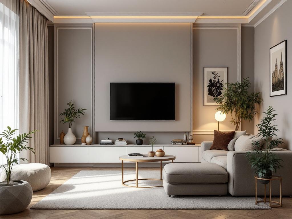 Классический серый интерьер гостиной с текстурами