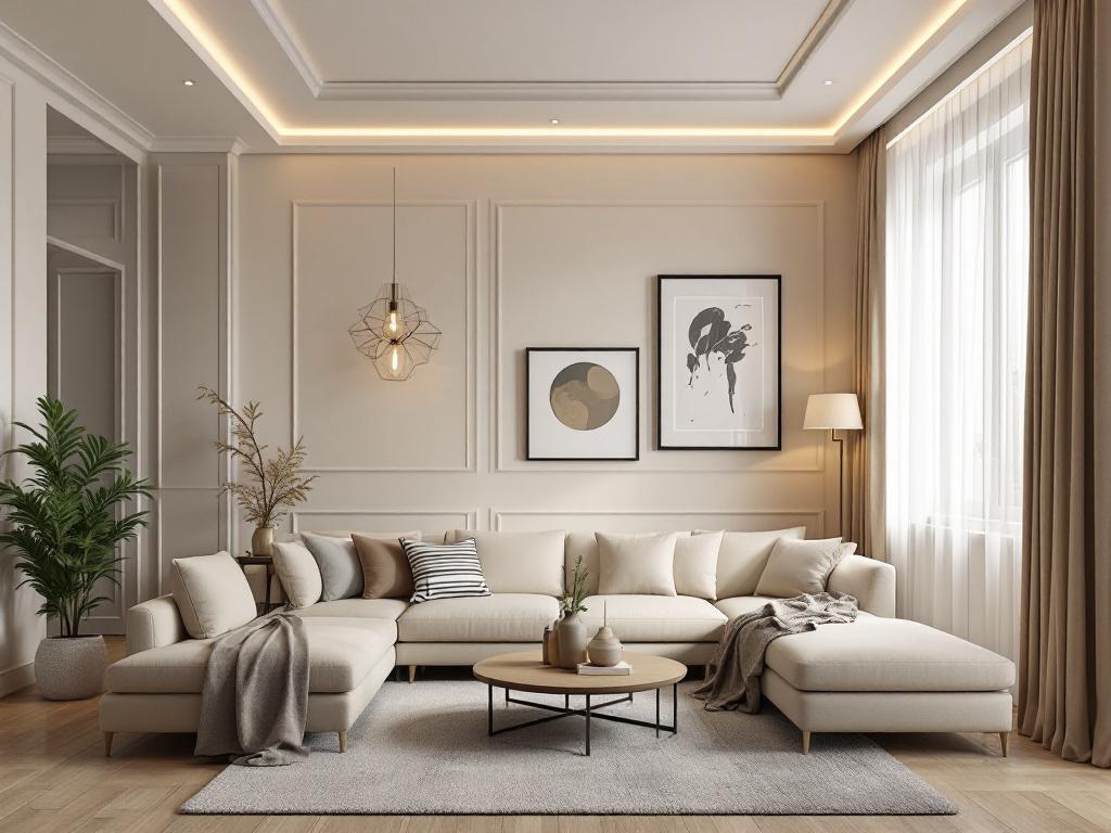 Неоклассическая гостиная в серых тонах с лепниной