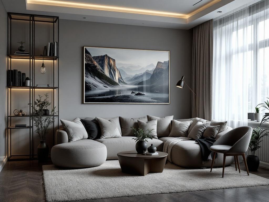 Многоуровневое освещение в сером интерьере спальни