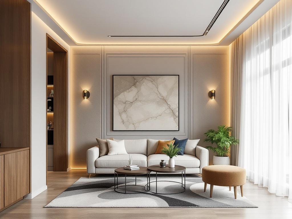 мудборд с образцами материалов и цветов для гостиной