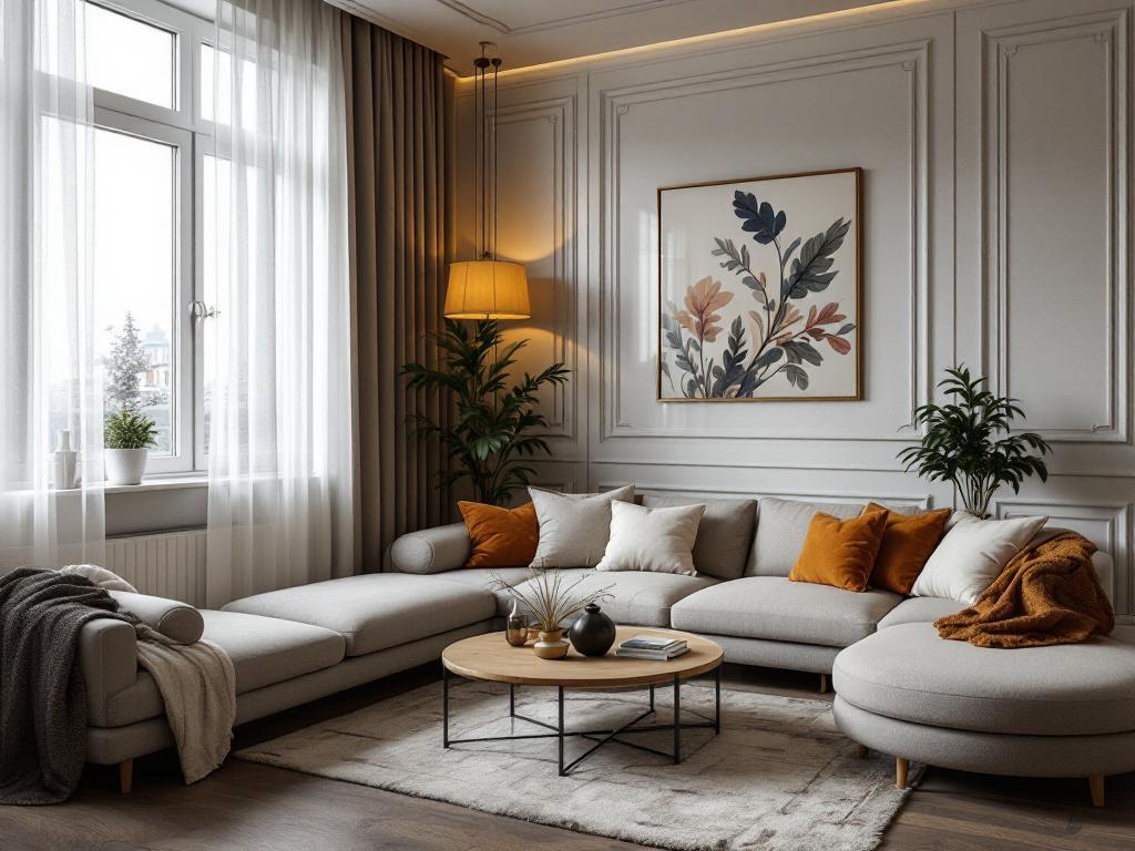 декор и комнатные растения в дизайне гостиной