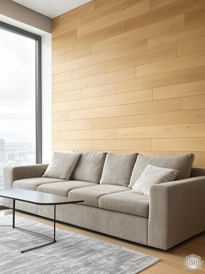 Акцентная стена с деревянными рейками в современной московской квартире