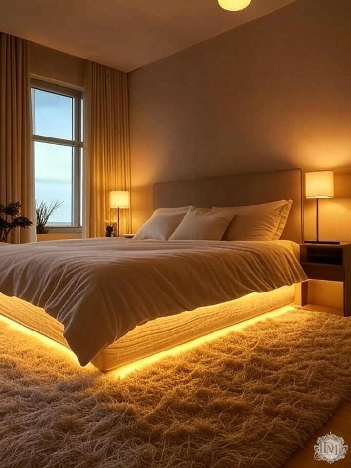 Схема многоуровневого освещения в спальне с разными сценариями света