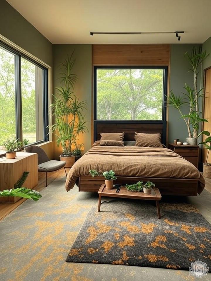 Биофильный дизайн спальни с природными материалами и растениями