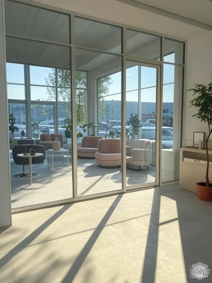 Пример дизайна входной зоны салона красоты с витринами