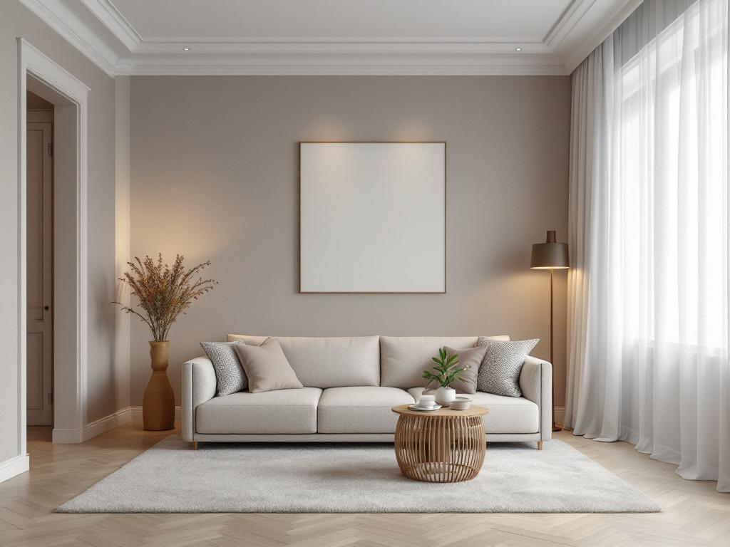 минималистичная гостиная с белыми стенами и простой мебелью