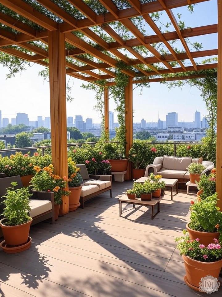 Зонирование террасы с перголой и вертикальным озеленением