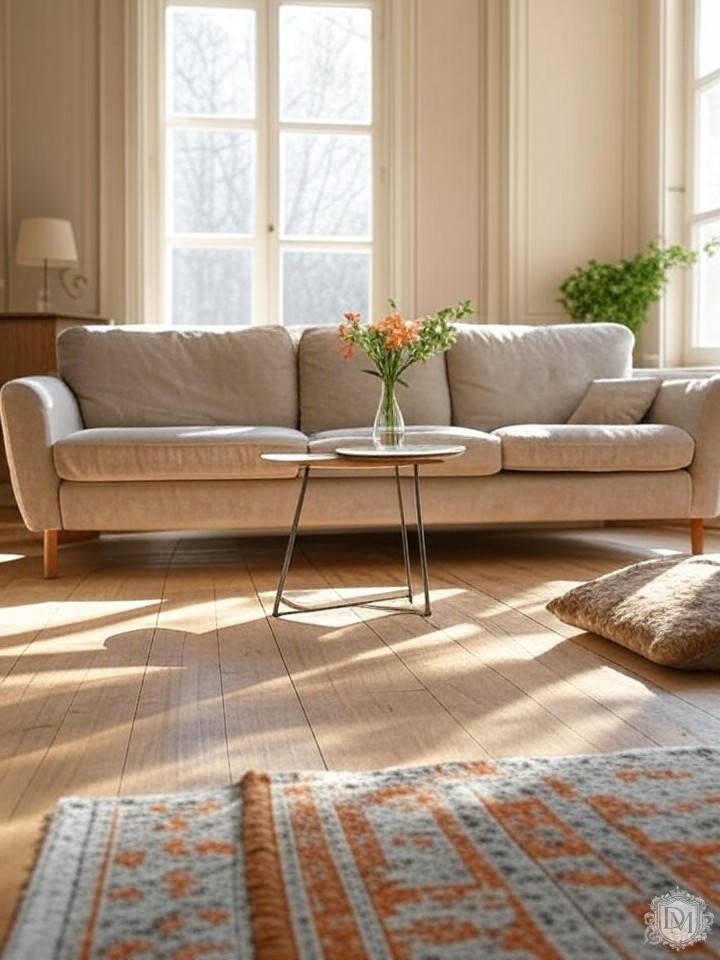 Гостиная в стиле slow-дизайн с натуральными материалами и мягким светом