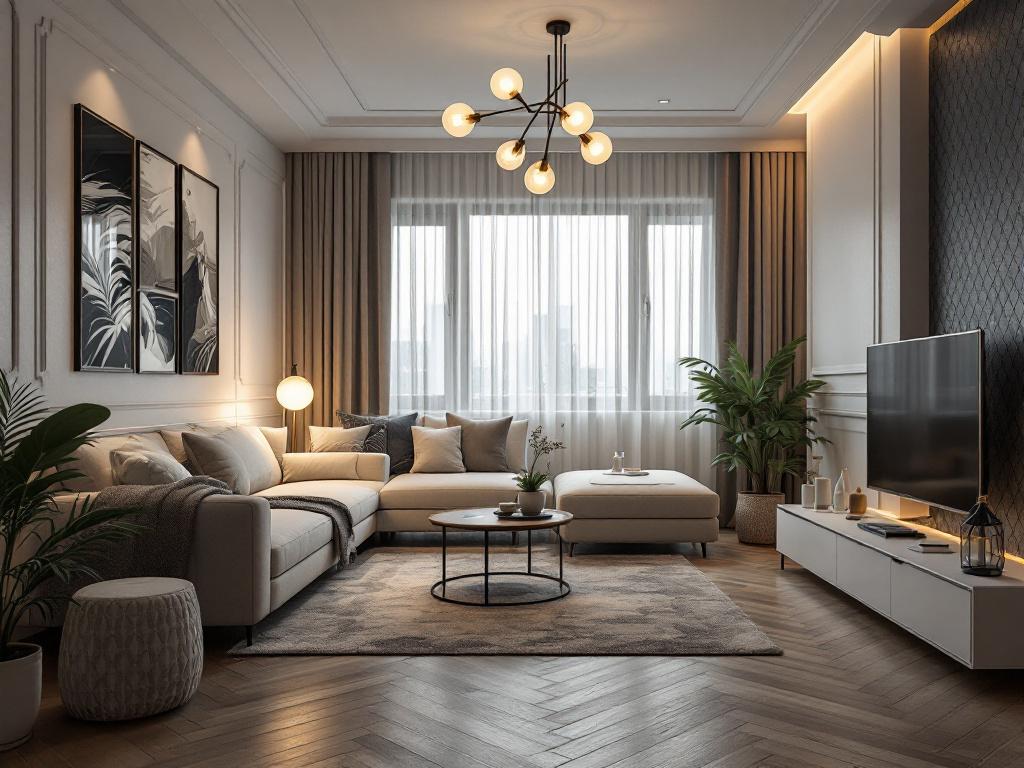 Интерьер гостиной загородного дома с камином и большими окнами