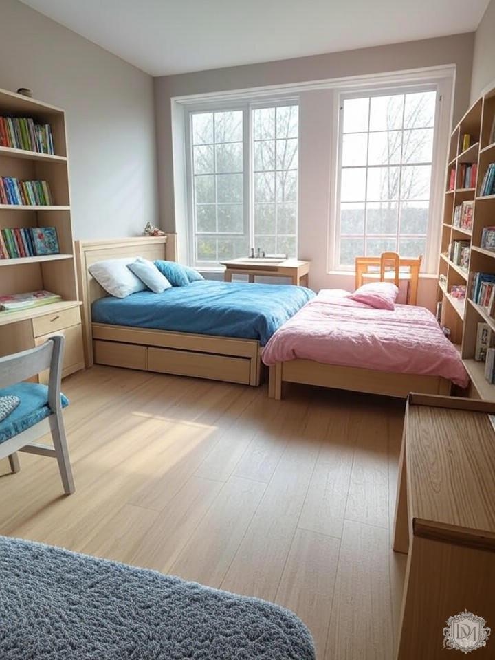 Планировка детской комнаты для двоих детей с зонированием