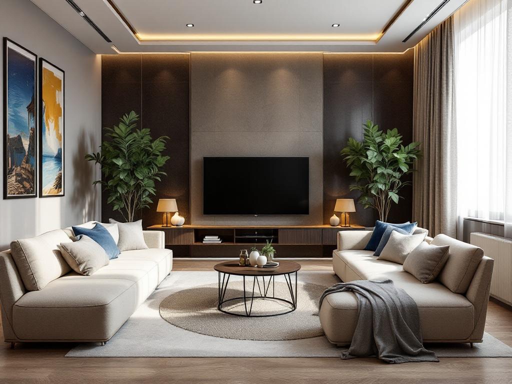 гостиная с монстерой и фикусом в биофильном дизайне интерьера