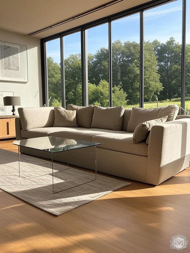 Современный интерьер загородного дома с панорамными окнами