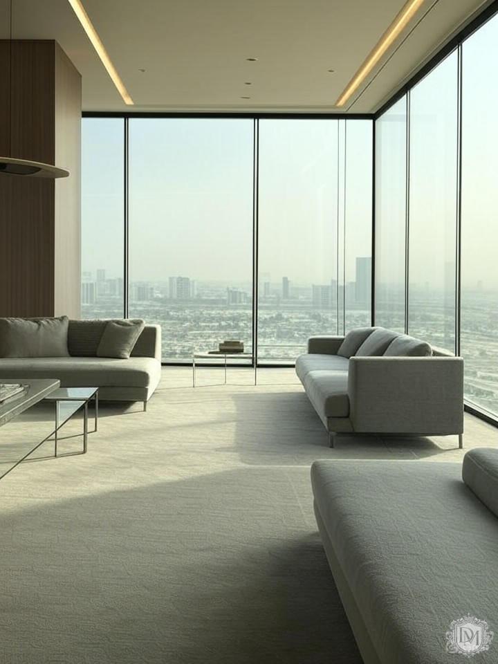 Минималистичный элитный интерьер с панорамными окнами в Дубае