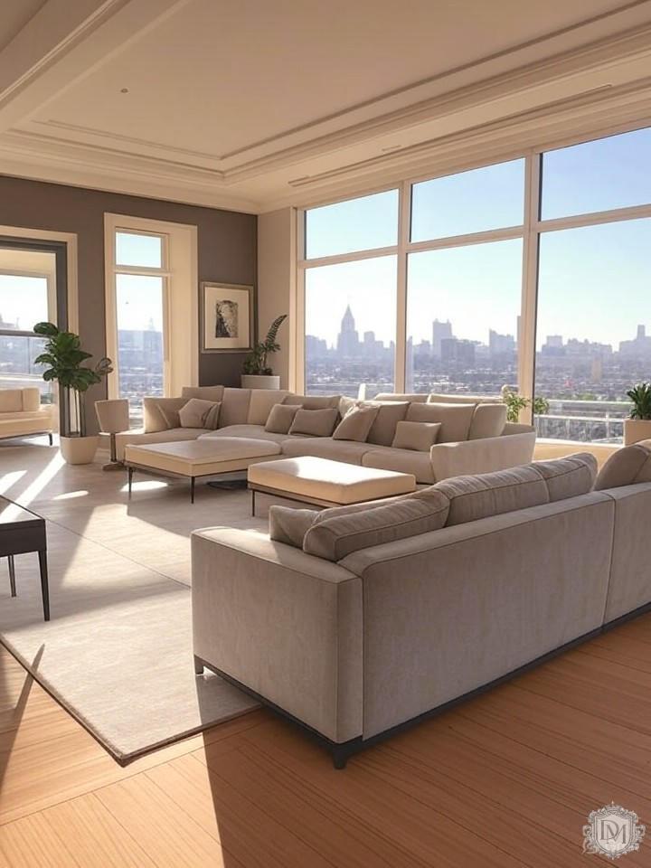 дизайн пентхауса с высокими потолками и панорамными окнами