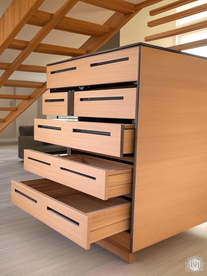 системы хранения под лестницей в двухуровневой квартире выдвижные ящики шкаф