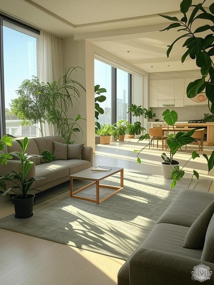 Биофильный дизайн в двухкомнатной квартире с растениями