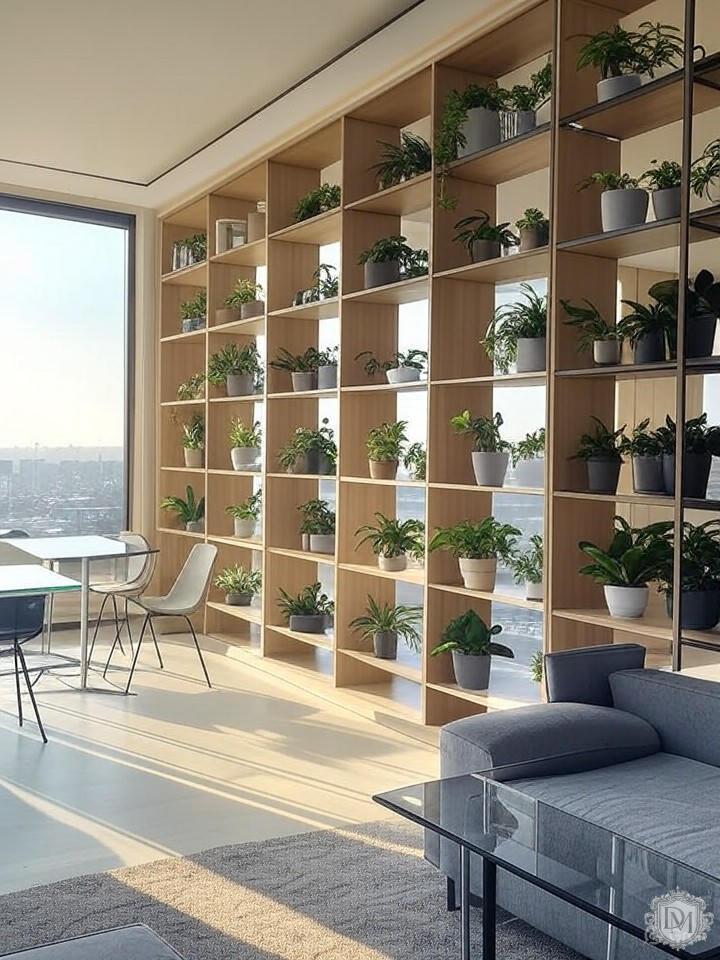 Зонирование двухкомнатной квартиры стеллажом с растениями